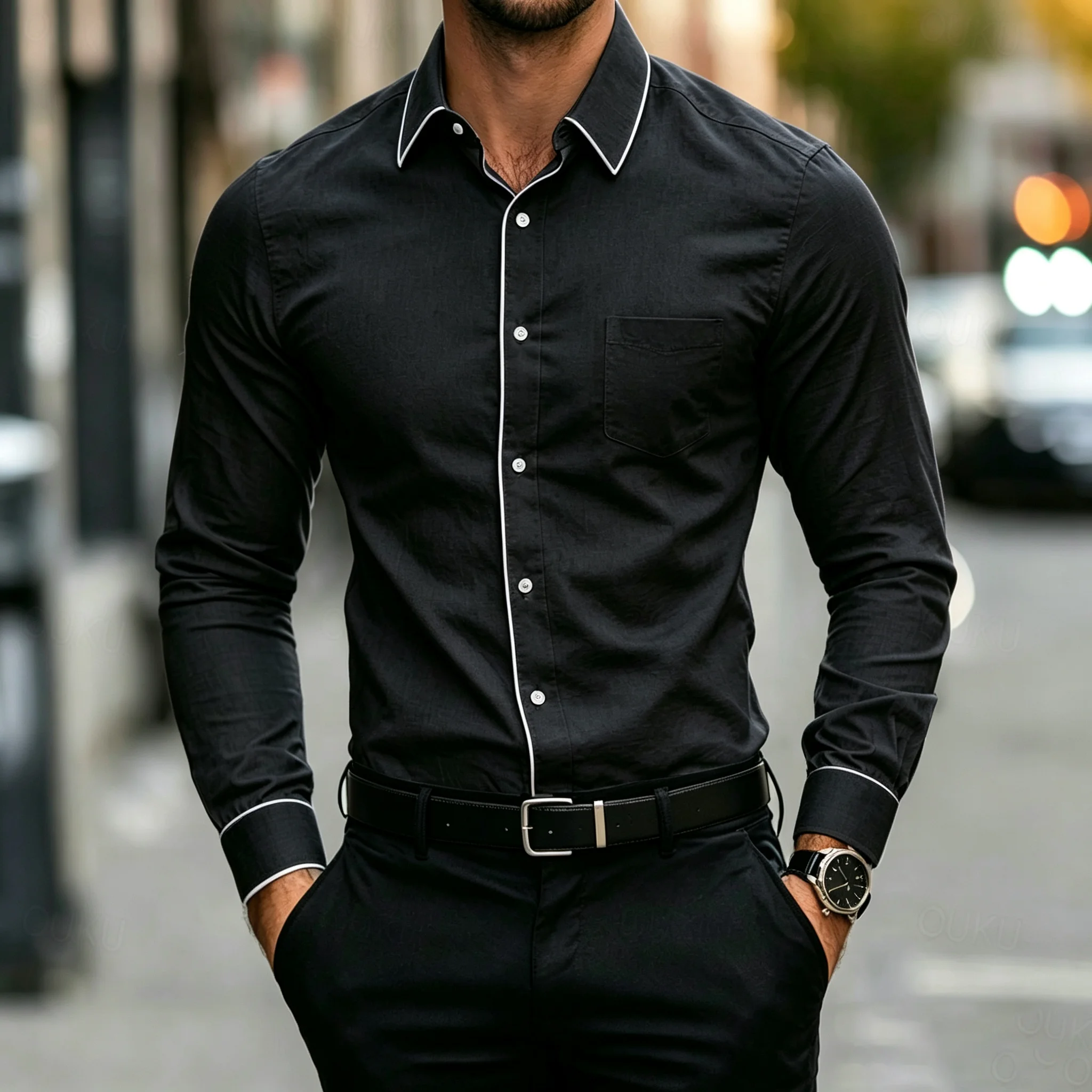 Men's Long-Sleeve Shirt-Business-Casual Top Featuring Contrast Piping on the Collar, Placket, and Pocket