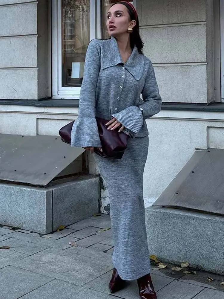 BKQU Autumn Winter Sweater Set Women's Lapel Flared Sleeve Knitted Cardigan And Slim Maxi Skirts Elegant 2-Piece Sets Knit Suit