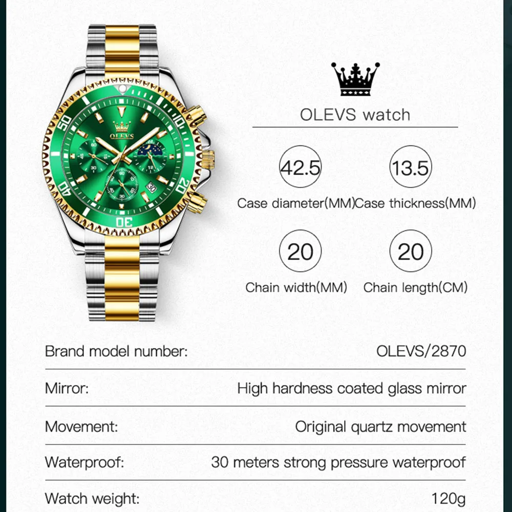 OLEVS Men Watch Stainless Steel Waterproof Luiminous Business Fashion Luxury Men\'s Watch Date Moon Phase Quartz Watches For Men