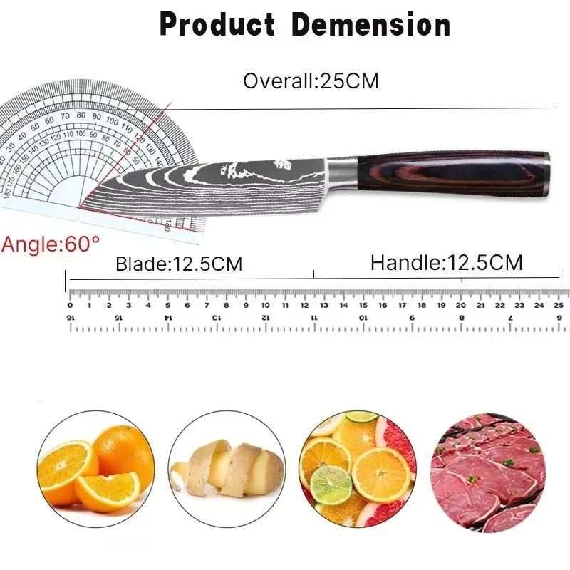 Japanese Kitchen Chef Santoku Knife Laser Damascus Pattern Professional Butcher Meat Cleaver Boning Fish Fruit Utility Knife image 2
