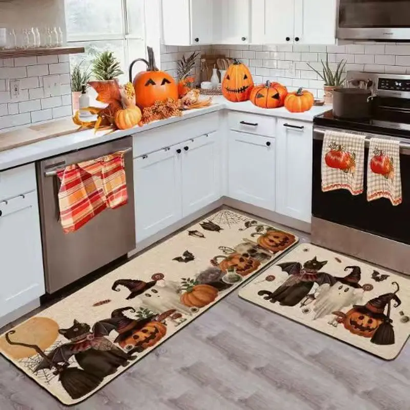 VIKAMA Halloween Kitchen Mat Set Happy Halloween Pumpkin Bat Spider Skull Non Slip Runner Entryway Floor Spooky Decor Washable
