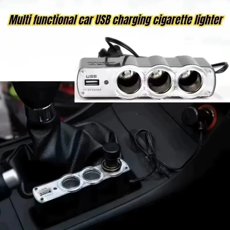 Car Lighter Adapter Charger Adapter Triple Splitter Lighter Output 12V ABS Black Cigar Car Adapter Lighter Multi Socket USB Port