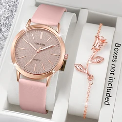 2Pcs/set Fashion Women Leather Strap Quartz Watch & Rose Bracelet Set