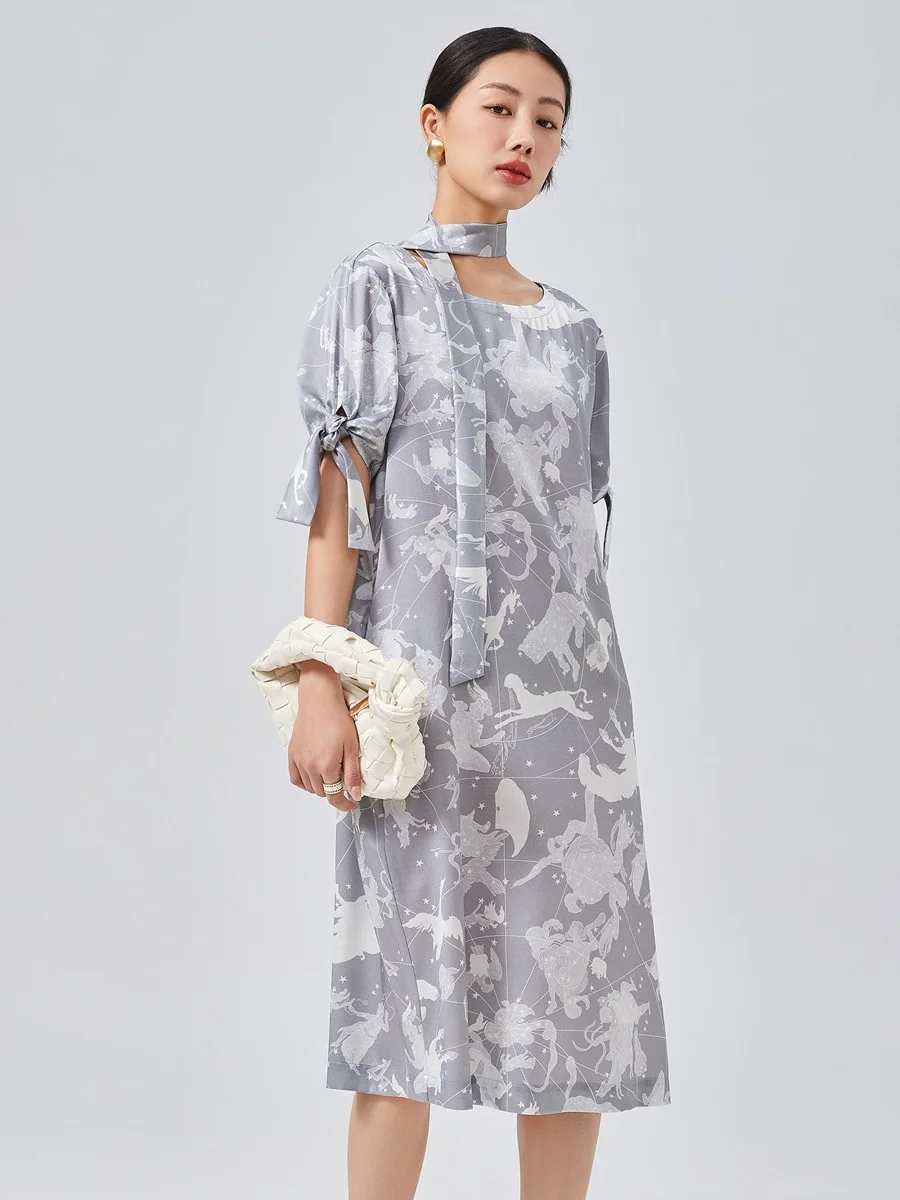 BirdTree, 90% Silk 10% Spandex Print Dress, Short Sleeve O-neck, Women's Sash Elegant Chic Dresses, 2026 Summer New D64727JF