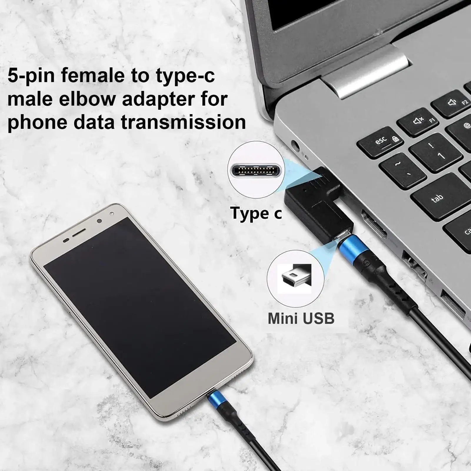 USB C Adapter 90 Degree Right Angle Data Converter Type C Male to 5 Pin USB Female Charger for Laptop Computer PC Monitor Cell