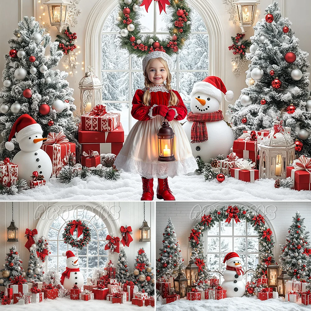 

Christmas Backdrop Decorations Lanterns Snowman Trees Baby Present Boxes Wreaths Arched Window Background Photo Studio Photocall