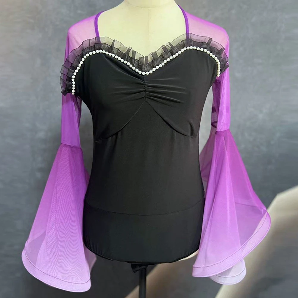 Gradient Dance Clothes Top Women Latin Dance Dark Green Pearl Team Dance Auricularia Lace Black Jumpsuit Prom Jumpsuit Samba
