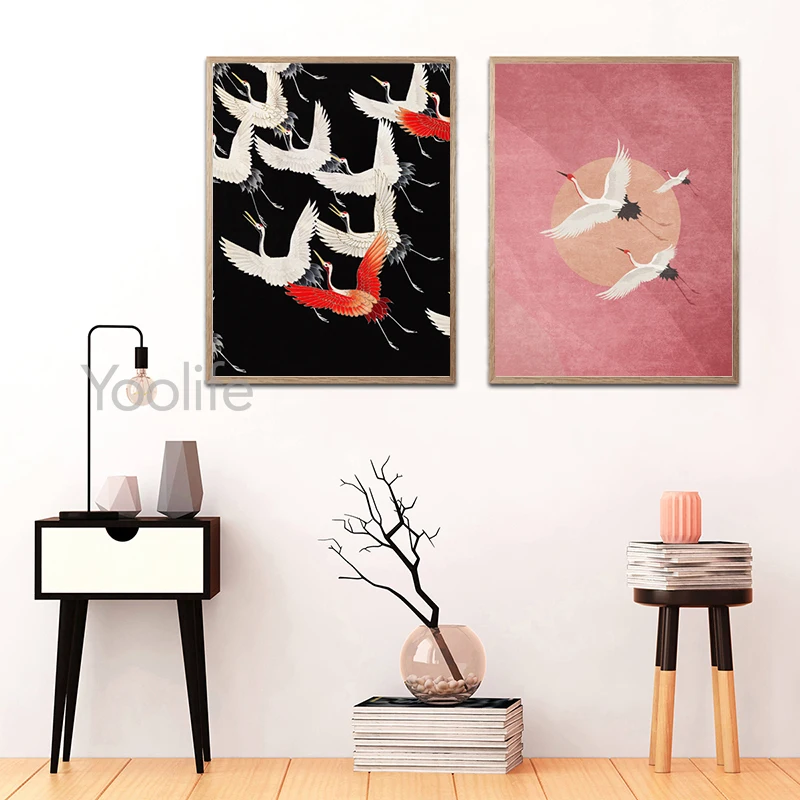 Yellow Birds Crane Print Japanese Oriental Art Prints Coastal Wall Art Canvas Painting Vintage Poster Wall Picture Home Decor