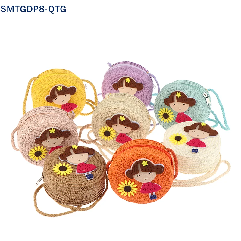 Hot！Children Flower Girl Straw Bag Crossbody Bag Handmade Woven Messenger Bag Straw Handbag Shoulder Bag Summer Kids Coin Purse