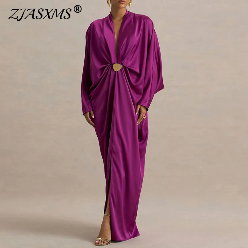 Sexy tief ausgeschnittenes Maxikleid mit goldfarbenen Metallraffungen an der Taille, Damen Frühlings- und Sommer-Abendkleid aus einfarbigem Satin mit Fledermausärmeln, schmales langes Kleid
