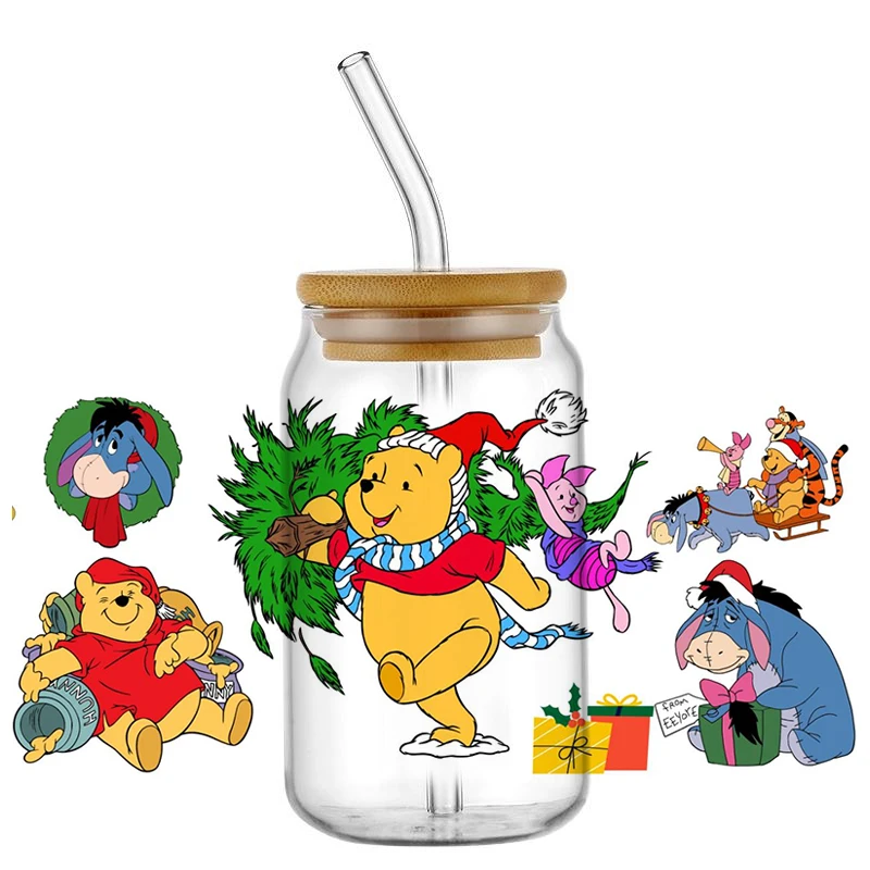 Christmas Winnie the Pooh 16oz DTF Sticker Cups Christmas Gifts UV Wrap Transfer Sticker Custom Labels DIY Logo Selfadhesive