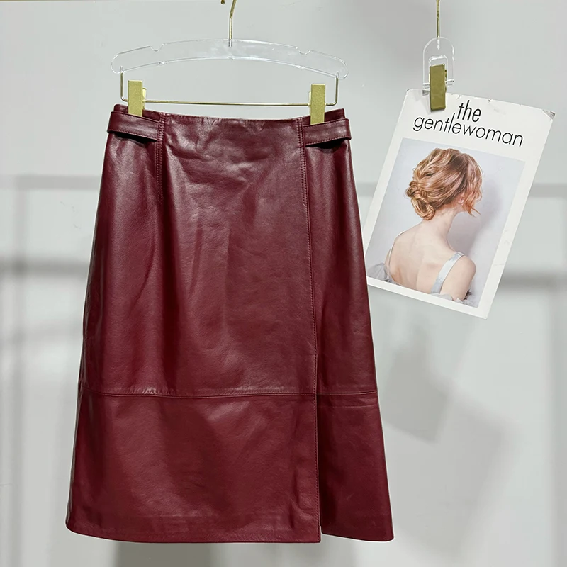 Genuine Leather Skirts Autumn Versatile Burgundy/Coffee/Black Sheepskin Flada Women's High Waist Mid-Length A-Line Half Skirt