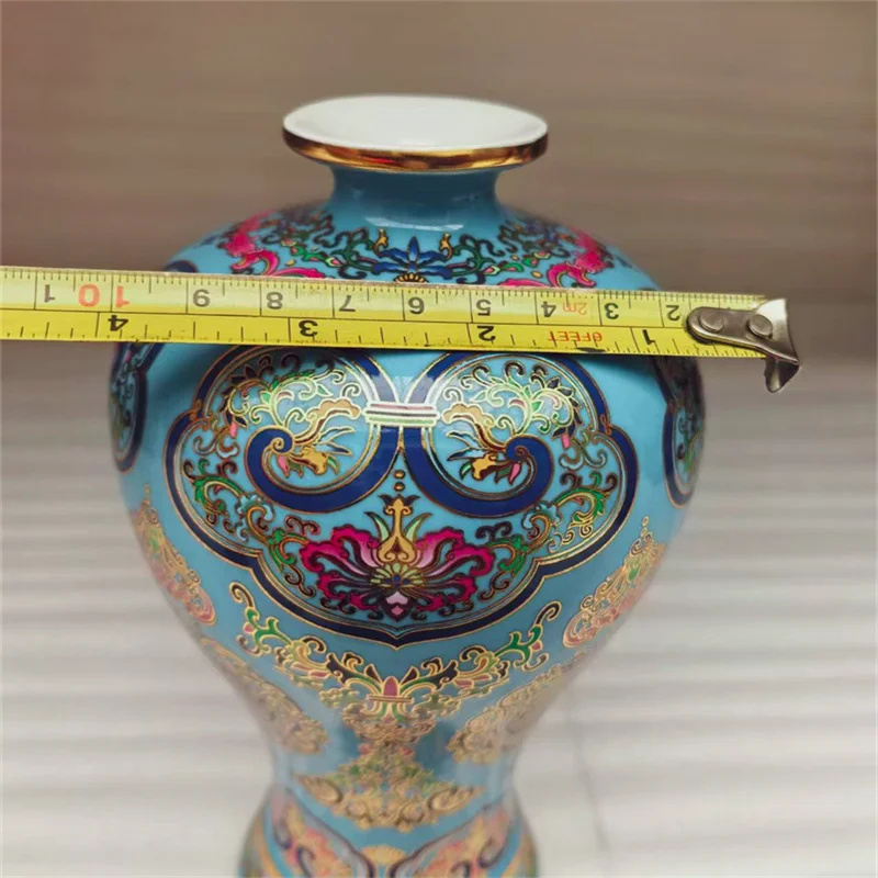 مزهرية من البورسلين الصينية القديمة المينا الزرقاء طول العمر منقوشة تصميم البرقوق زخرفة ديكور عتيقة