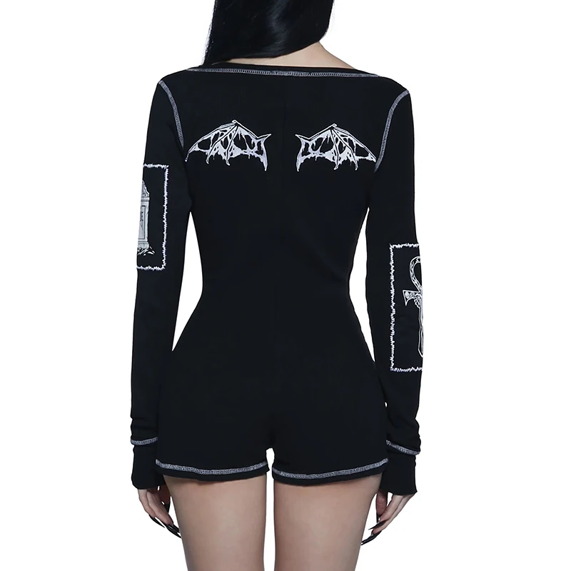 النمط الأوروبي والأمريكي تصميم خط عيد الفصح بأكمام طويلة ورقبة على شكل حرف v بذلة Y2k القوطية طباعة فاسق مثير فتاة حار Harajuku