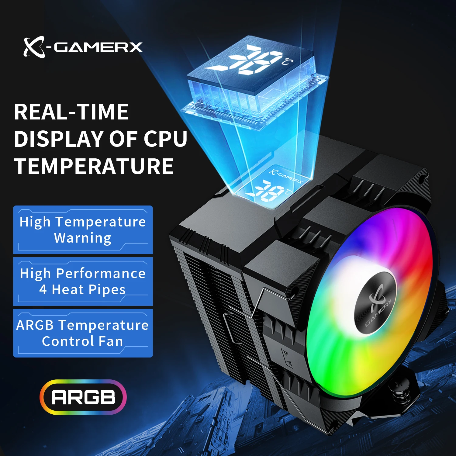

X-Gamerx Z-1300 ARGB CPU Cooler with Digital Temperature Display Radiator 4 Heat pipes For LGA1700/1200 115X AM4 AM5