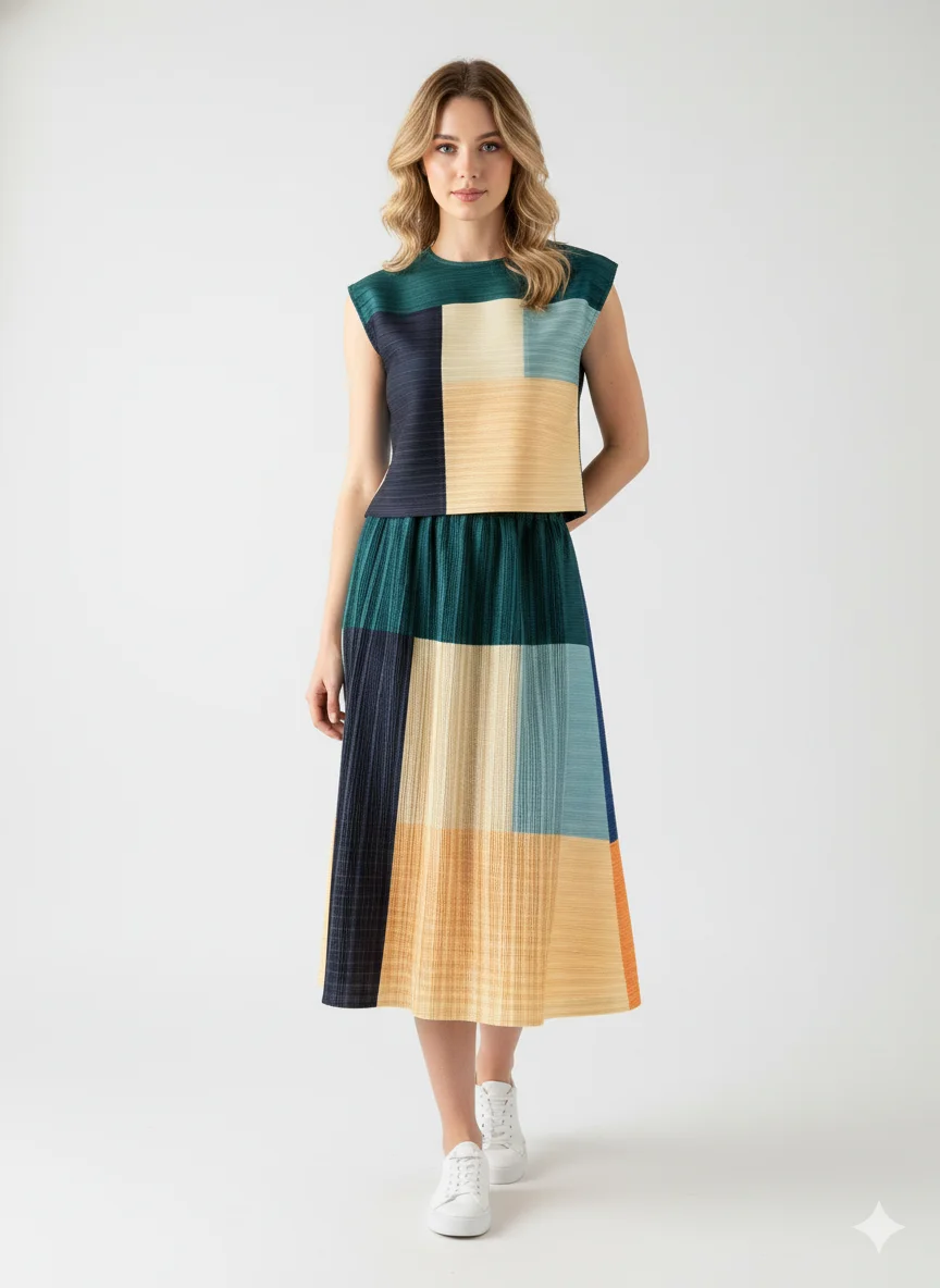 

Miyake Pleated 2026 New Pleated Top Printed Bustier Skirt Sub Set Casual Two-piece Female Summer Swing Umbrella Skirt Pleats