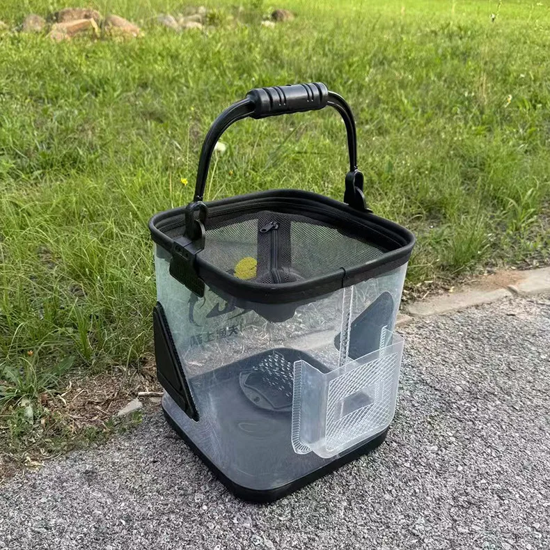 Zusammenklappbarer Transparenter Angeleimer mit 6m Seil & Anti-Sprung-Netz, Robuster Tragbarer Lebendfischbehälter, Outdoor Mini-Fischaufbewahrung – Detail 9
