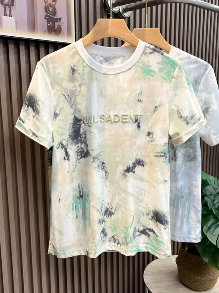 Male Tees Shirts Watercolor Men\'s T-shirt Tie Dye Tops Heather Embroidery Alphabet Stylish Streetwear Original Y2k New in Hot Xl