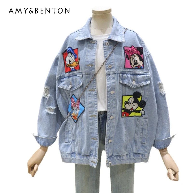 

Potdemiel Age-Reducing Jeans Chaquetas Sewing Beads Cartoon Embroidery Spring Loose All-Match Washed Broken Denim Jacket Female