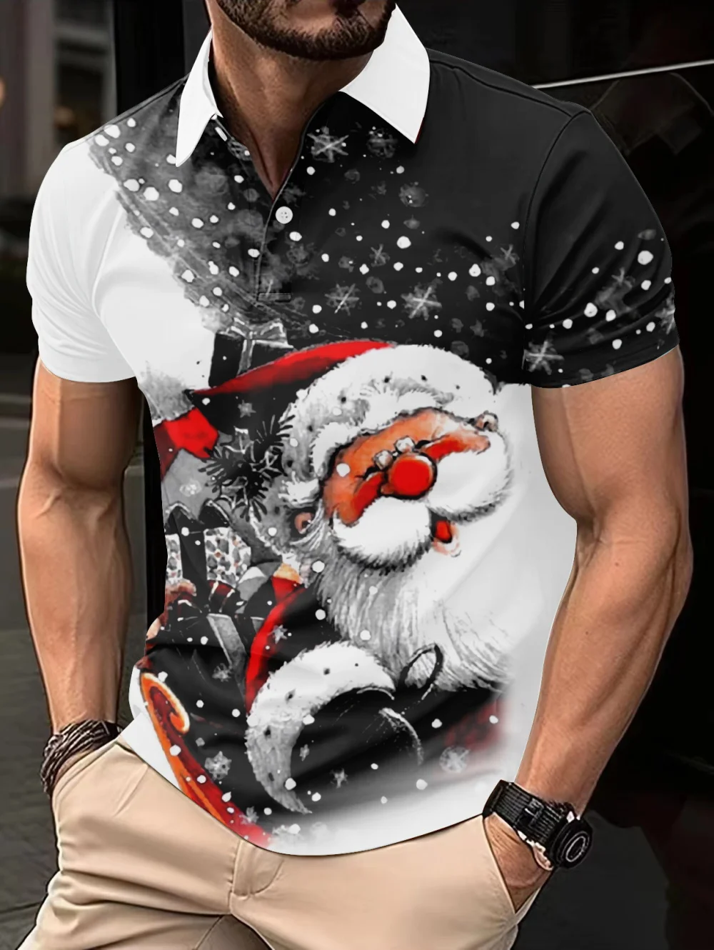 2024 Christmas Men's POLO Shirt Santa Claus 3D Printed Short Sleeve Top Outdoor Leisure Lapel Loose Short Sleeve Top POLO Shirt