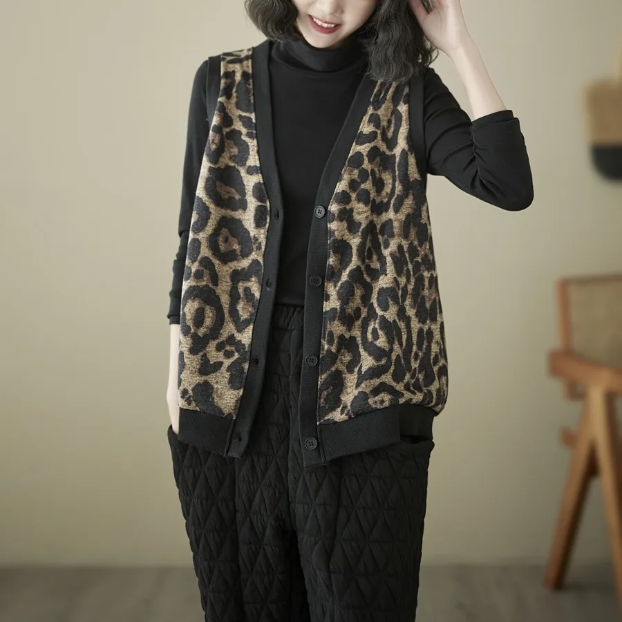 

Retro Leopard Print Fce Lined Vest Cardigan Outerwear Women's Autumn Winter V-ne Casual plus Size Tank Top