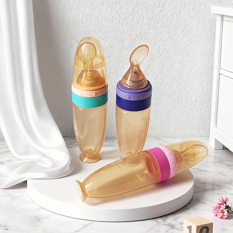Anti-Drop Food Grade Porridge Juice Feeder Spoon with Sucker Cup Squeeze Feeding Processor Bottle for Baby