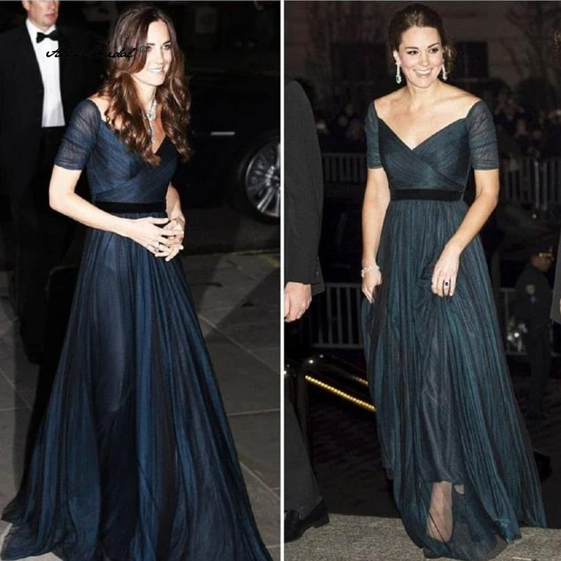 

Kate Middleton A Line Celebrity Dresses Prom Dresses Ink Blue Sweetheart Off Shoulder Ruched Tulle Evening Dress with Belt