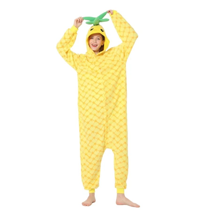 Cosplay Pineapple One-piece Hooded Pajamas Loungewear Long Sleeve Yellow Sleepwear Winter Homewear for Adult Keep Warm