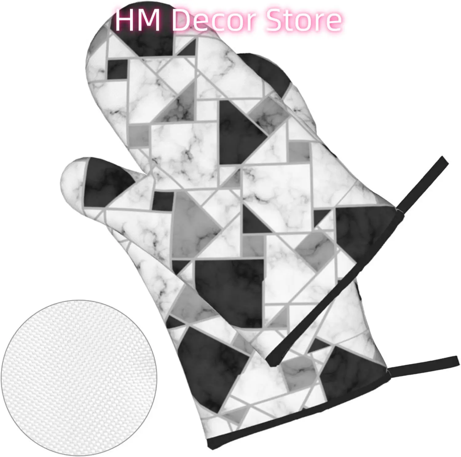 White and Black Mosaic Oven Mitts and Pot Holders Sets of 4, Country Style Cooking Gloves Non-Slip Heat Resistant Polyester Oven