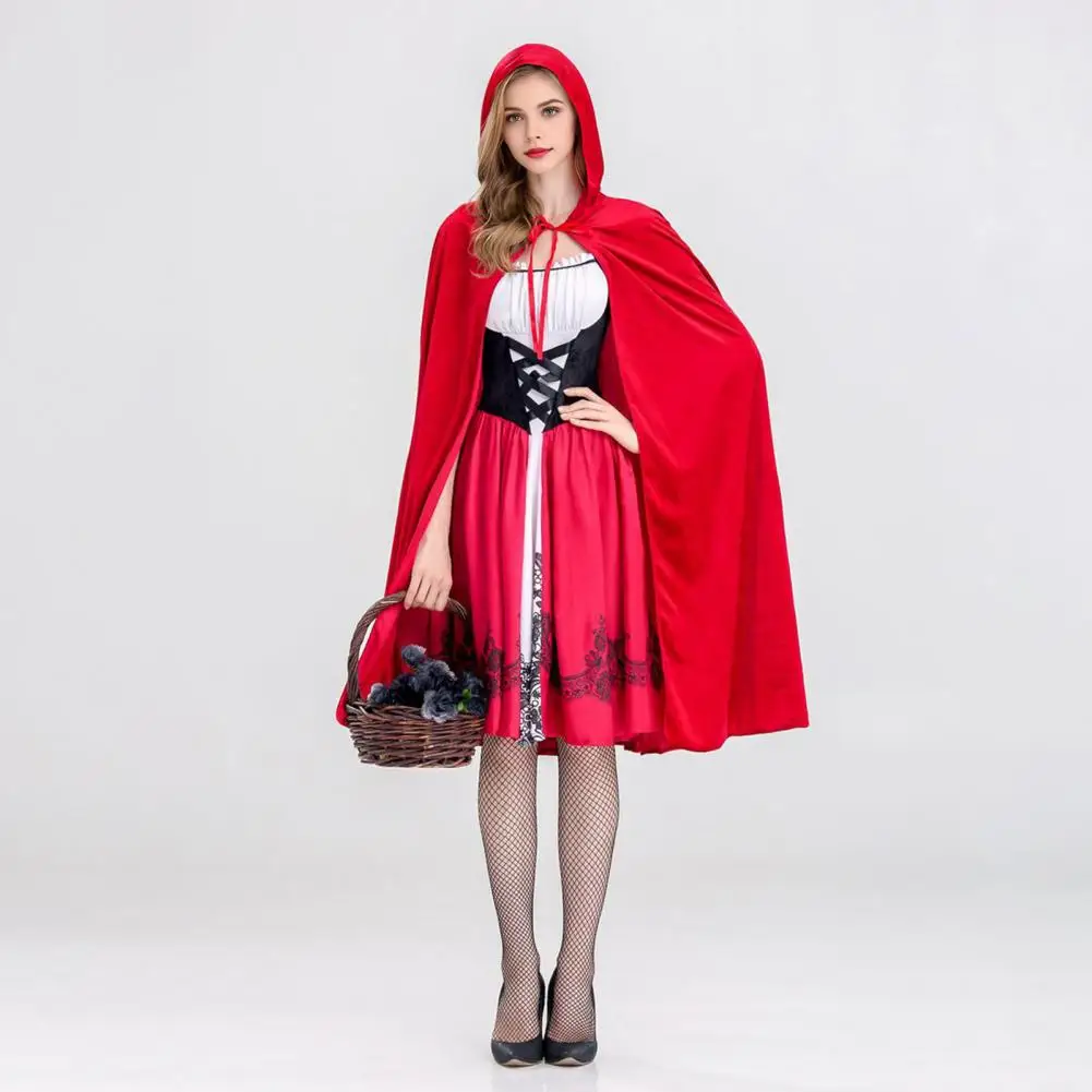 

Dark Fantasy Dress Set Women's Little Witch Maid Cosplay Costume Set with Red Hat Cloak Dress for Halloween Party Stage Show