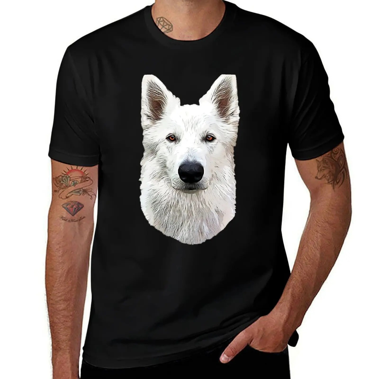 

White Swiss Shepherd Dog T-Shirt customs blue lock oversized graphic tee vintage clothes for men