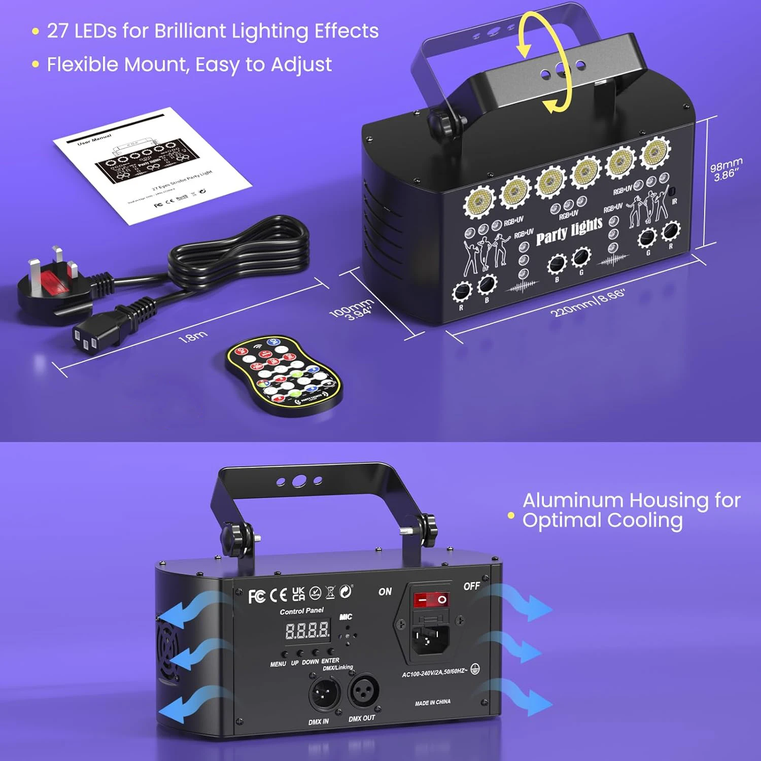 Sistema de iluminación de fiesta estroboscópico UV RGB con controlador DMX para luces de discoteca DJ adecuado para fiestas, casas, bares, Raves, espectáculos de clubes