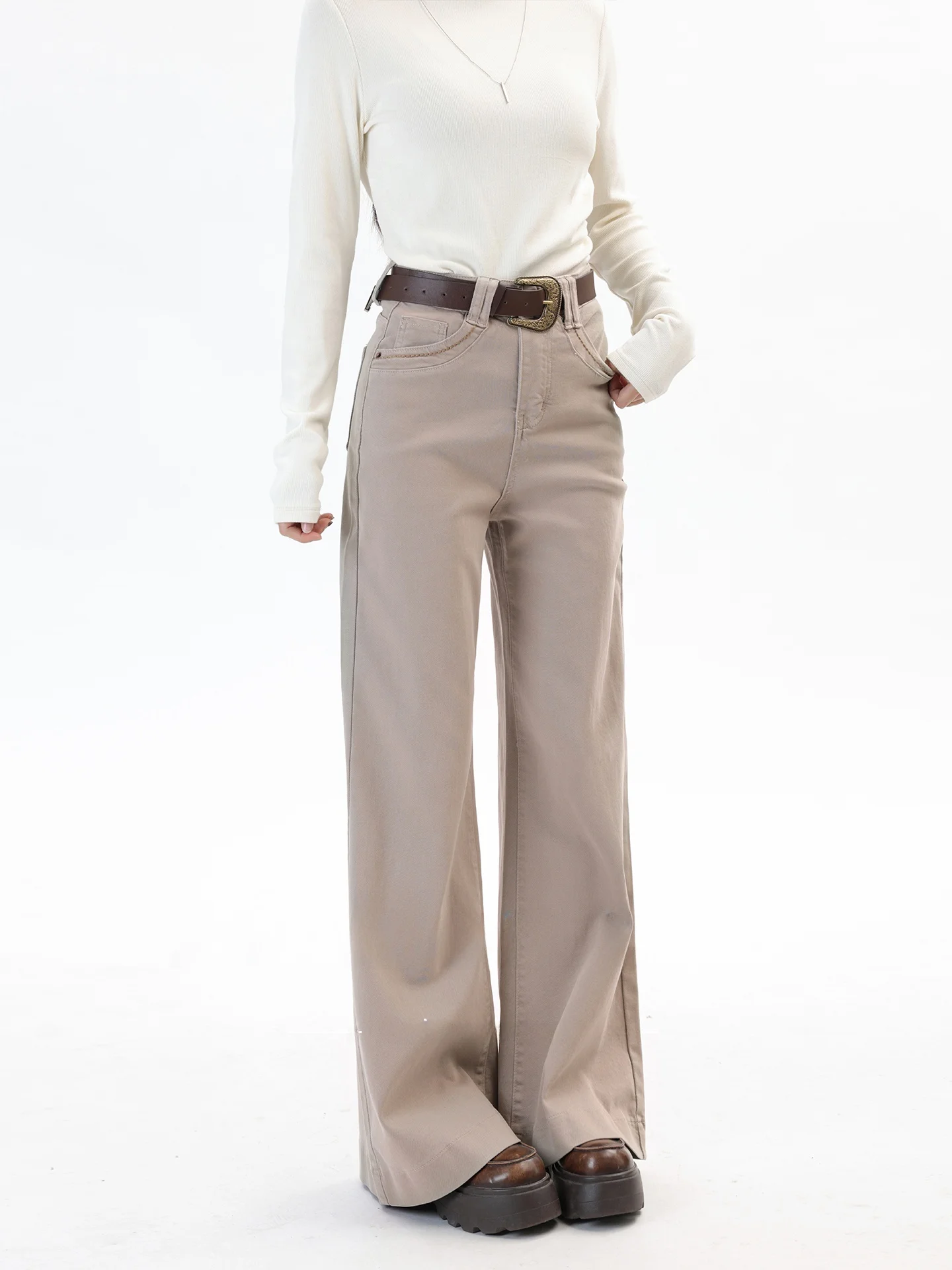 

Retro Color Grey Coffee Simple Match Micro Flared Long Pants Korean Version Slimming Soft Stretchy Denim High Waist Zip...