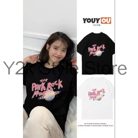 IU Lee Ji Eun planet T-shirt Cotton Loose Round Neck Short Sleeve T Shirt Men Women Kpop Fashion Y2K Summer Printed Tee Tops
