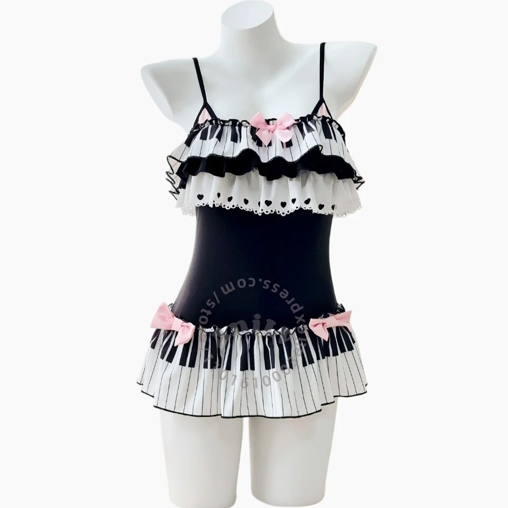 Traje de Baño AniLV Anime Musician, Diseño de Teclas de Piano en Blanco y Negro, Disfraz de Cosplay