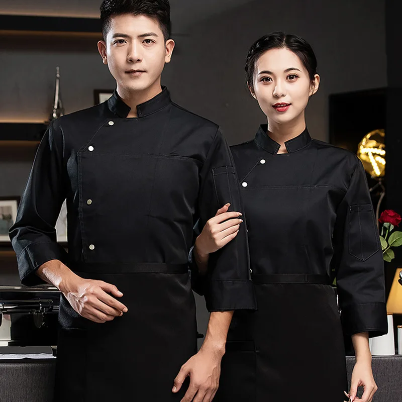グレーブラックフルスリーブシェフジャケットホテルシェフコート通気性シェフ制服レストラン調理服白ベーカリー服ロゴ