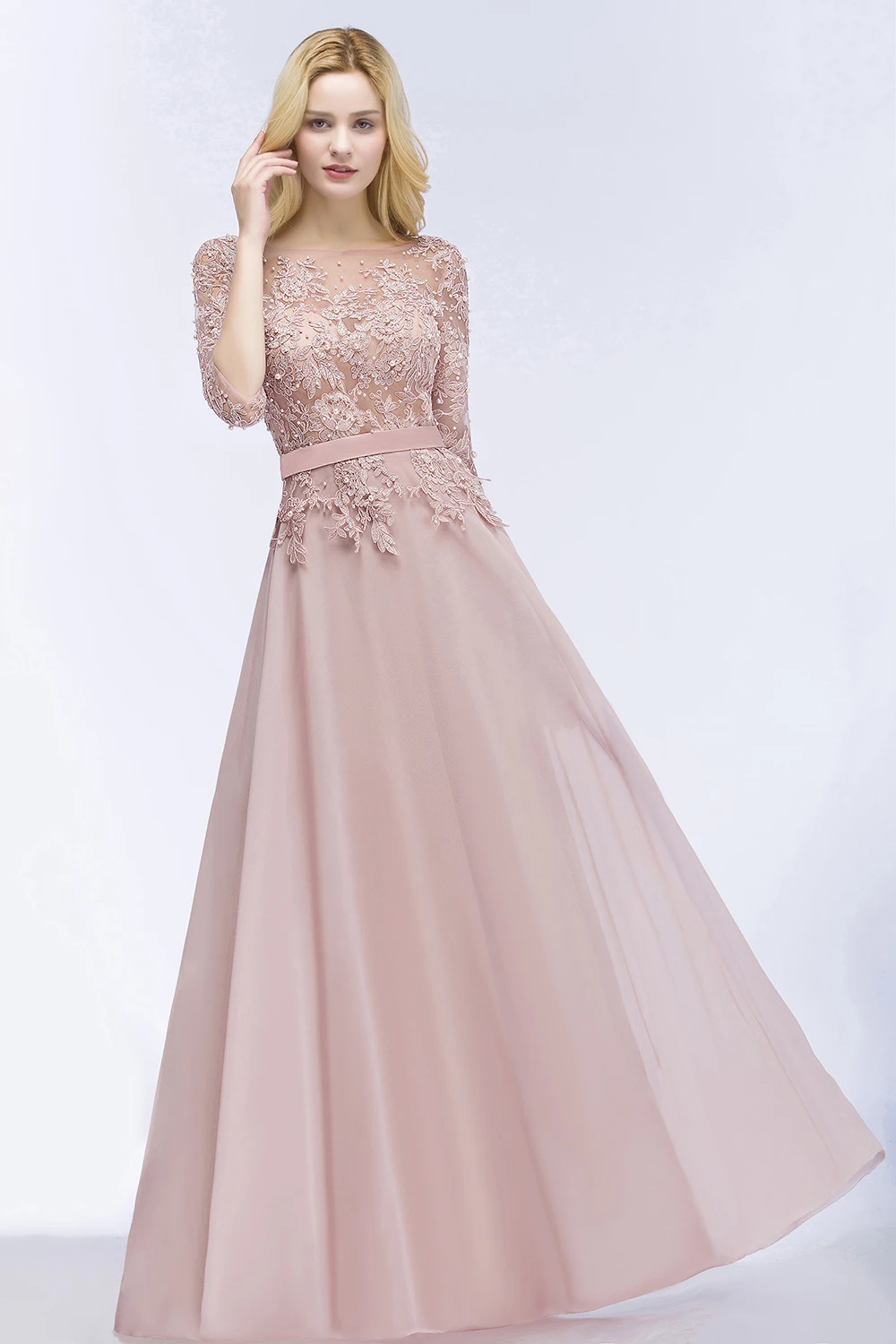 Modest Long Dusty Rose Evening Dresses Chiffon Appliques 3/4 Sleeves Banquet Formal Occasion Party Prom Gowns Robe De Soiree