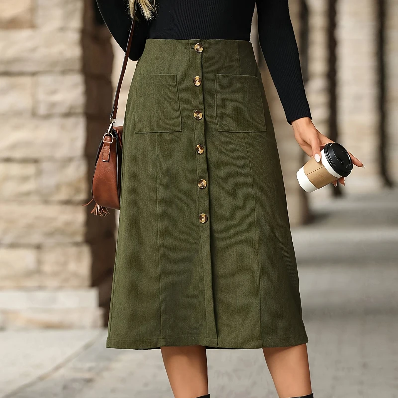 

Vintage Green Single Breasted Long Skirts Women 2026 Street Style High-Waist A Line Skirts With Pockets Summer Casual Skirts