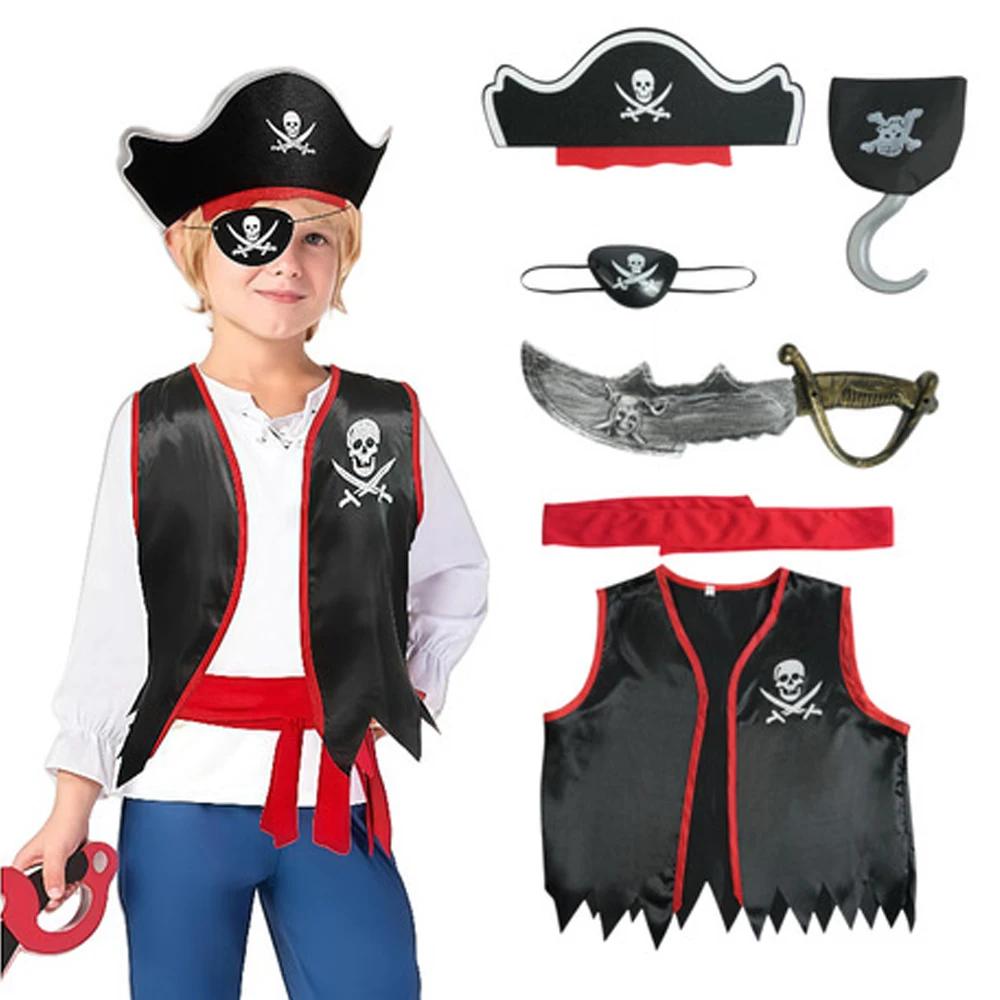 Kinder-Piratenkostüm-Zubehör für Jungen und Mädchen, Kapitänskostüm, Weste, Hut, Haken, Augenmaske, Tasche für Halloween, Festival, Partykleid