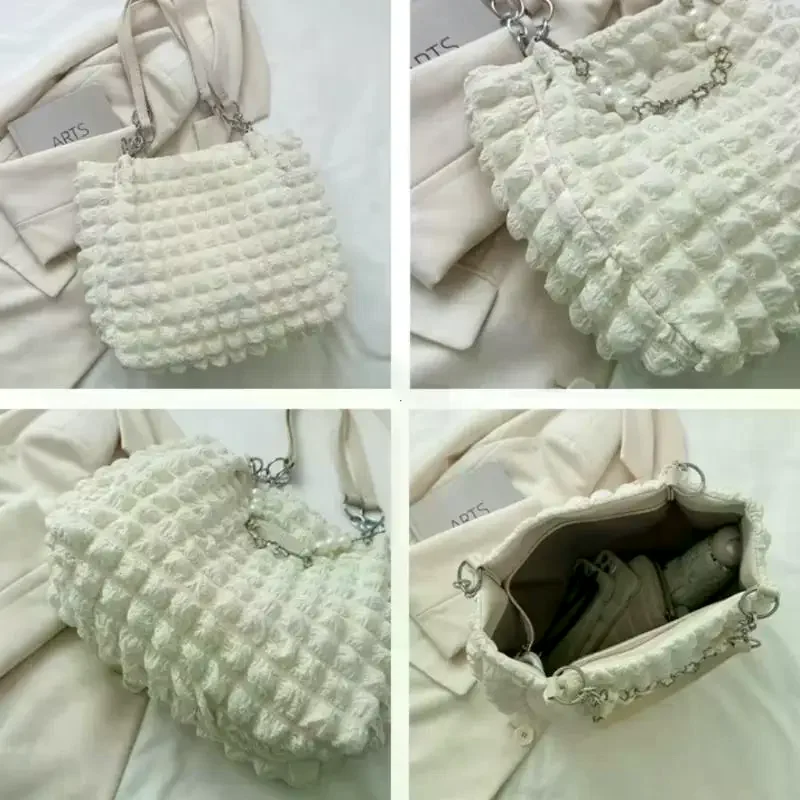 Bubble Textured Tote Bag with Pearl Chain Fashion Soft Large Capacity for Women Shopping Dating Office Commute