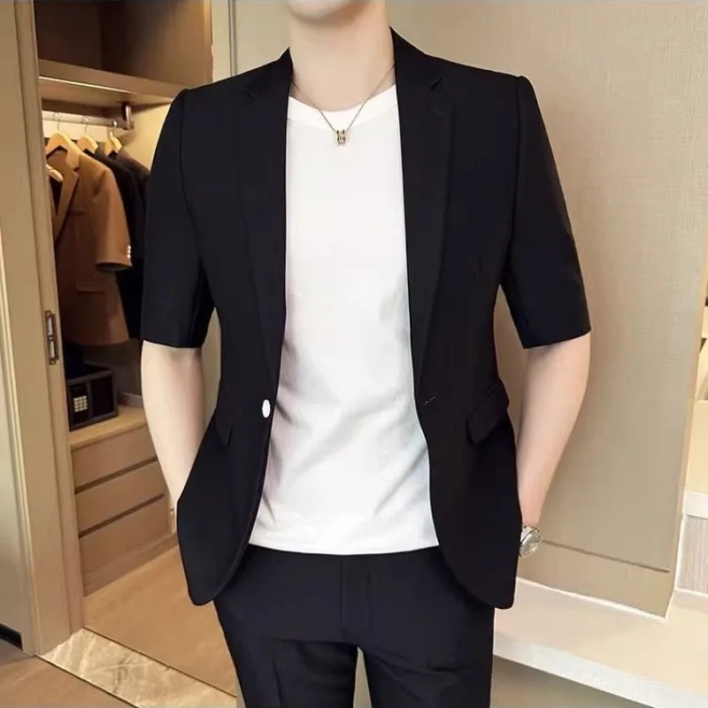 

Летний тонкий мужской комплект: элегантный повседневный пиджак в корейском стиле с рукавом три четверти