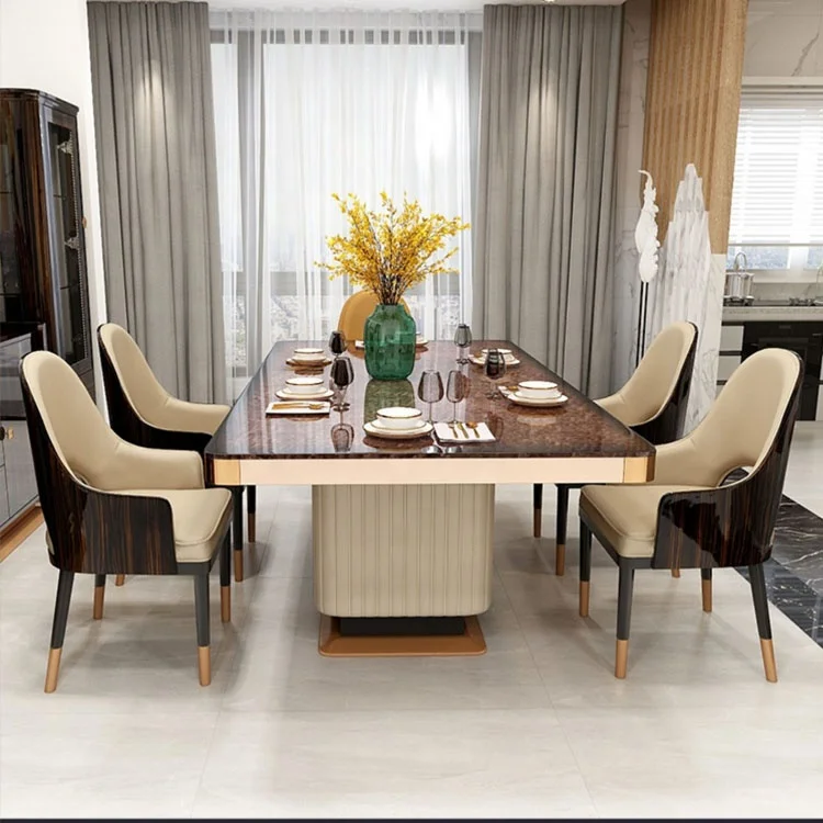 #Nordic style luxury restaurant dining room furniture gold metal frame marble top white leather dining table and chair set