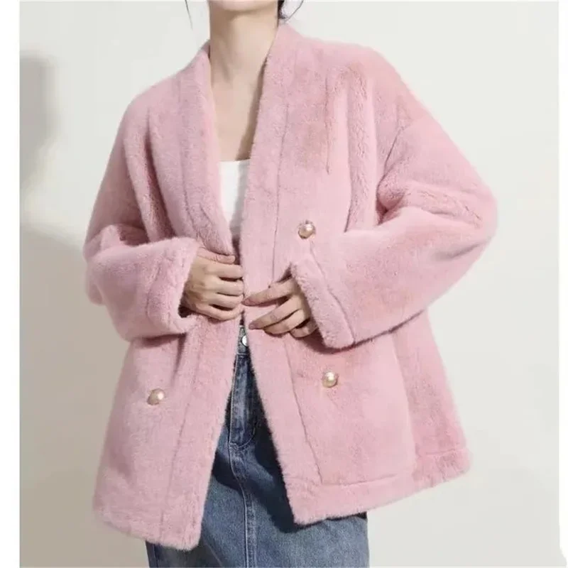 Pop nuevo abrigo de piel 2025 integrado Otoño Invierno joven suelto corto imitación abrigo de piel de visón respetuoso con el medio ambiente chaqueta de piel Pin