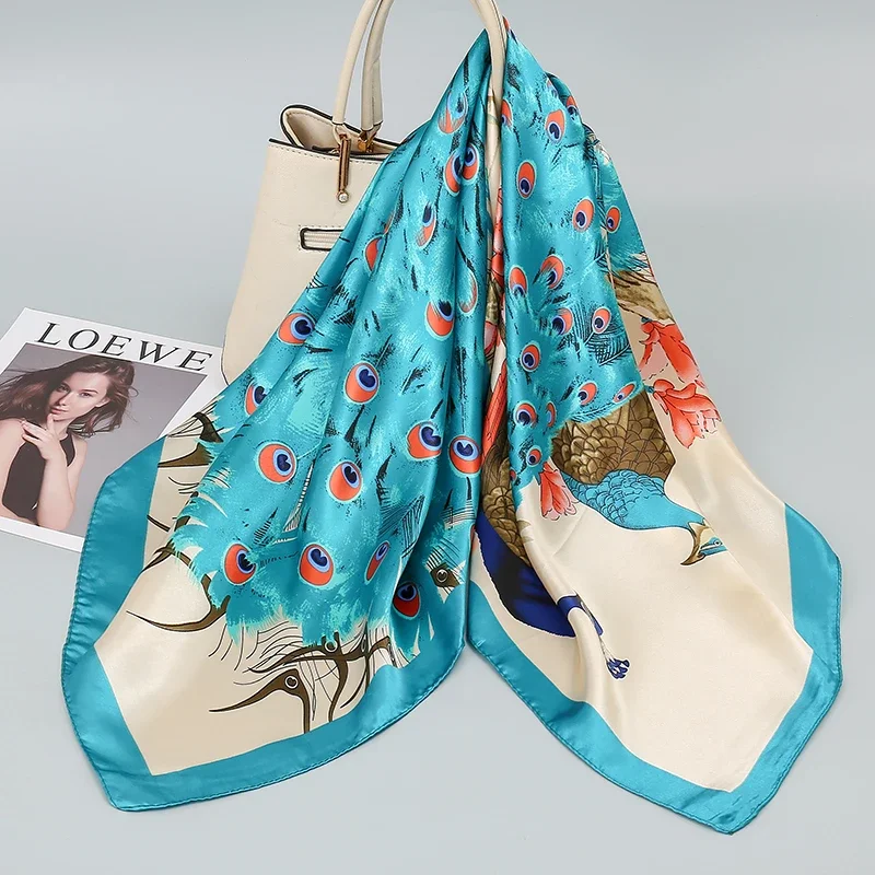 90*90cm lenços hijab moda feminina pavão padrão impressão cachecol feminino xales quadrados cabeça senhoras bandanna foulard silenciador menina