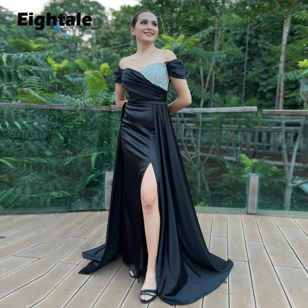 

Eightale Arabic Evening Dresses Black Off the Shoulder Prom Gown Satin Side Slit Backless Long Formal Wedding Party Dress