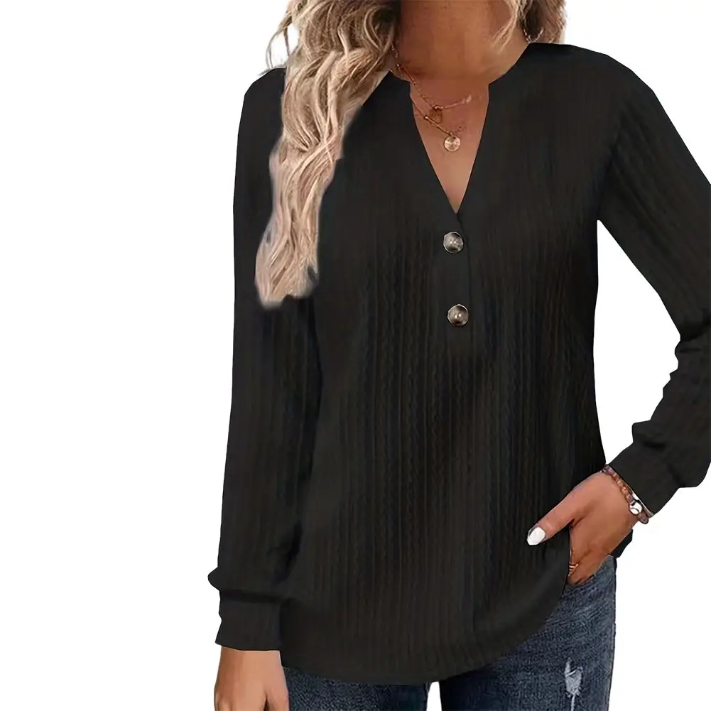 Blusa de manga larga transpirable para mujer, Jersey holgado con cuello en V, Color liso, para vacaciones, otoño