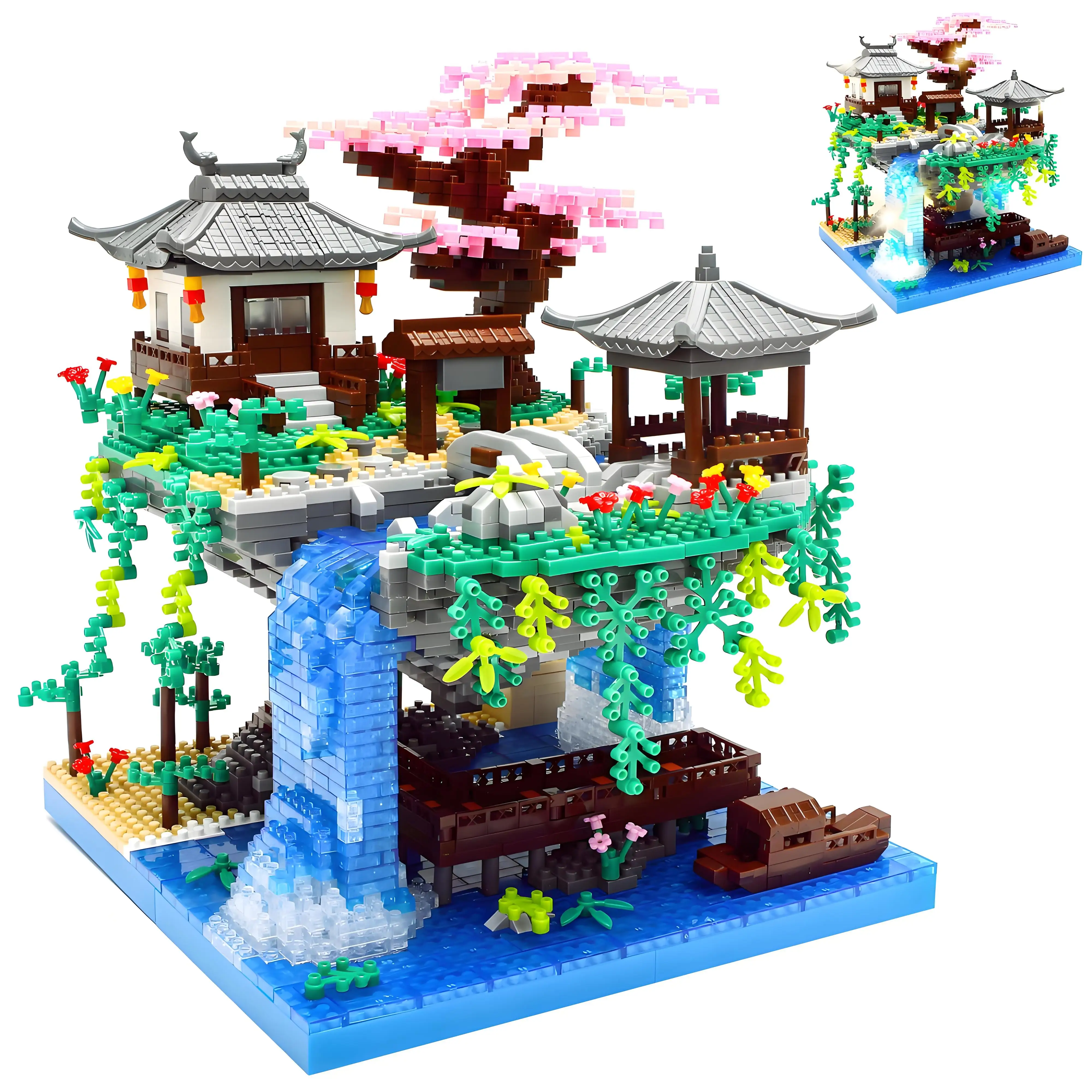 

Peach Blossom Lake Building Blocks Micro Building Set, Tranquil Garden with Flowers and Lights, A Floating Architecture Model