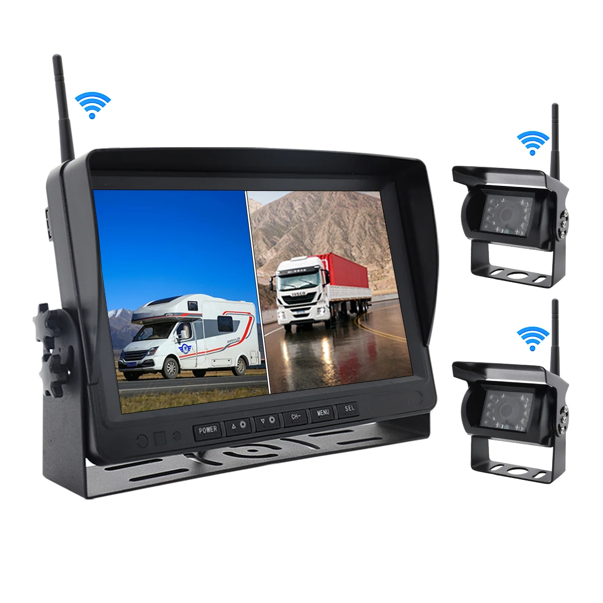 YWX 7'' AHD Blind Spot Radar BSD Alarm DVR Recorder Split Screen Monitor with 2 PCS IR Wireless Camera for Truck Bus Trailer