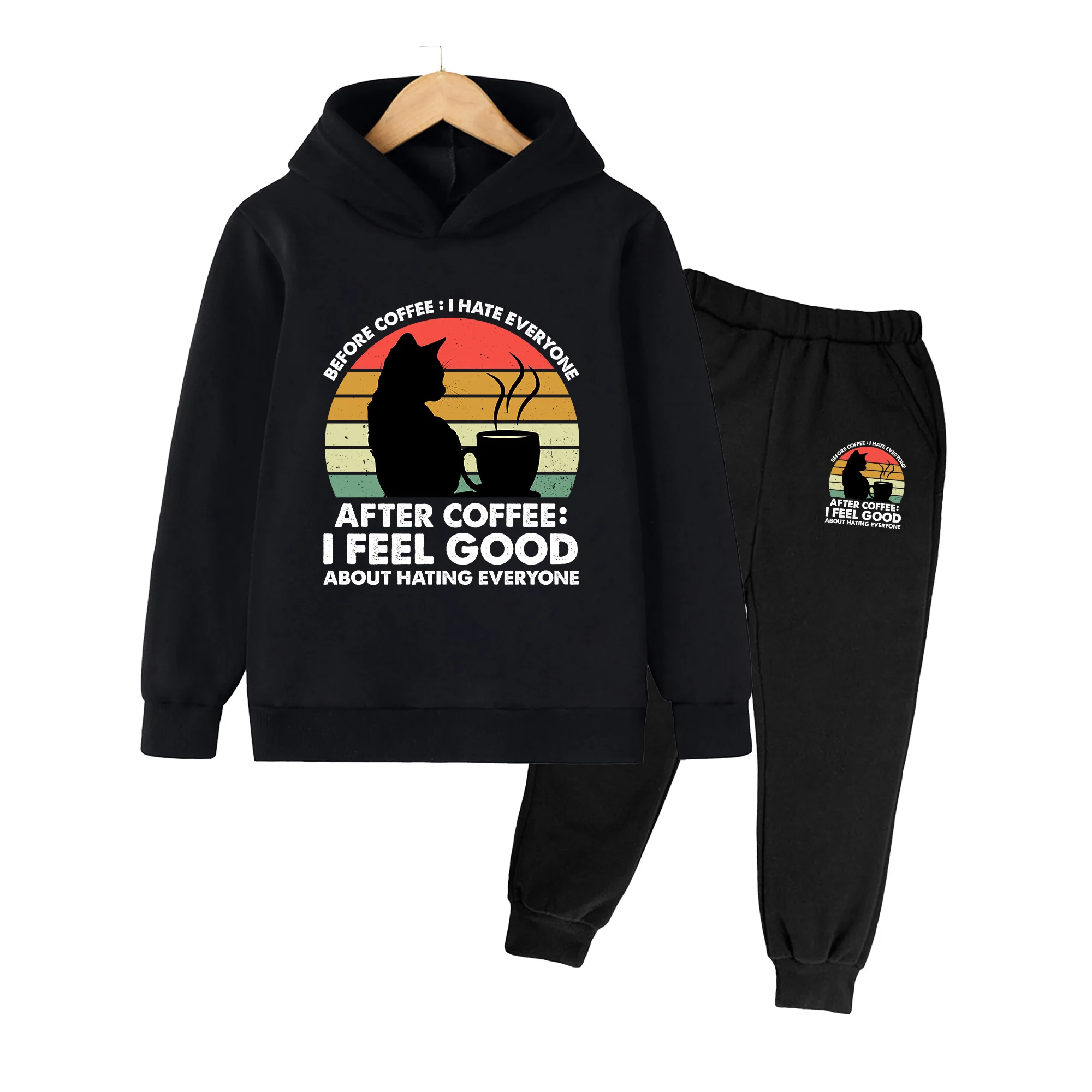 Kids Hoodie and Sweatpants Set, Retro Cat & Coffee Print Casual Loungewear for Boys Girls