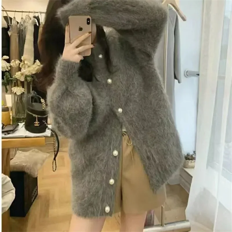 2024 South Korea Dongdaemun Women's Long Hair Mink Velvet Diamond Buckle Loose Round Neck Cardigan Sweater Jacket Fashion Female